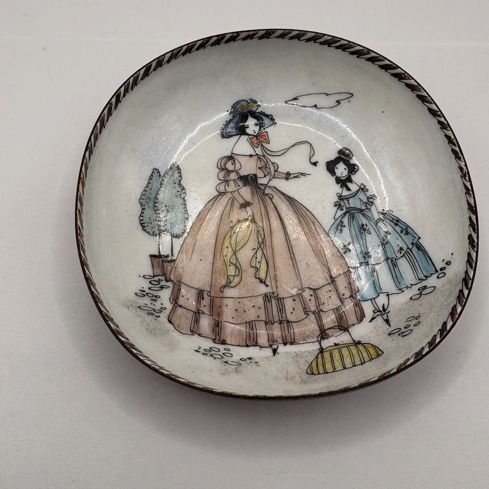 Two Victorian Girls Oval Metal Trinket Dish